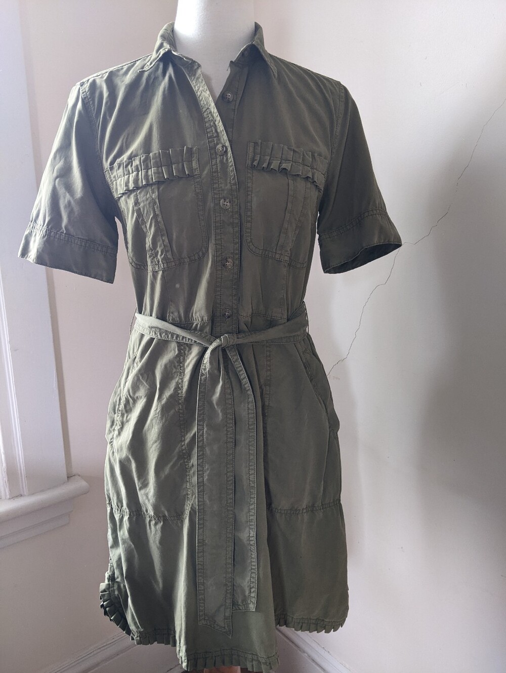 J Crew Utility Shirt Dress with Waist Tie - Olive Green Size 6